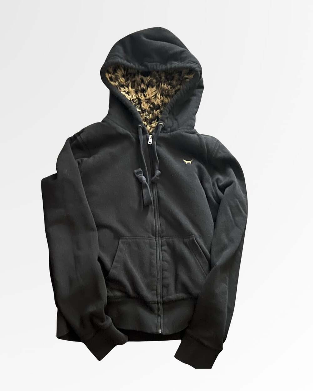 Victoria's Secret PINK Black Sequin Love Pink Zip Up Hoodie with Leopard Fur Lin